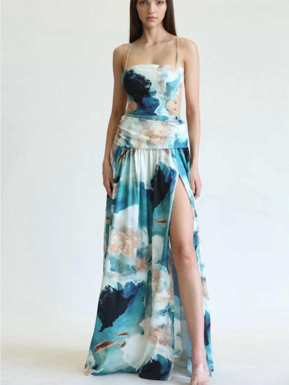 Strapless Blue & Cream Printed Maxi Dress